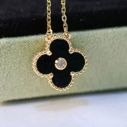 [Amore Jewelry]CLOVER 15MM DIAMOND ONYX NECKLACE