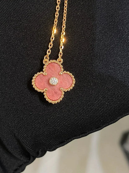 [Amore Jewelry]CLOVER 15MM DIAMOND RHODONITE NECKLACE