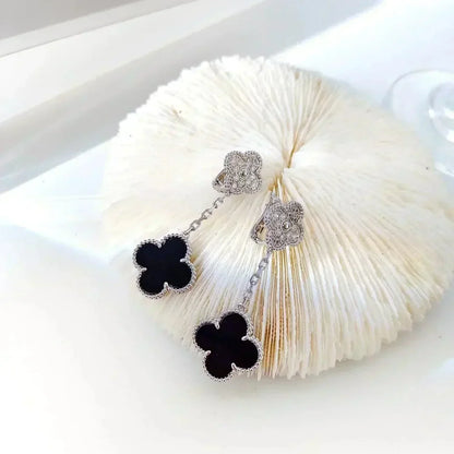 [Amore Jewelry]CLOVER 2 MOTIFS  DIAMOND ONYX EARRINGS SILVER