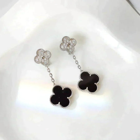 [Amore Jewelry]CLOVER 2 MOTIFS  DIAMOND ONYX EARRINGS SILVER
