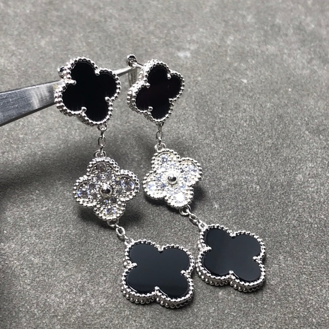 [Amore Jewelry]CLOVER 3 MOTIF DIAMOND ONYX SILVER EARRINGS