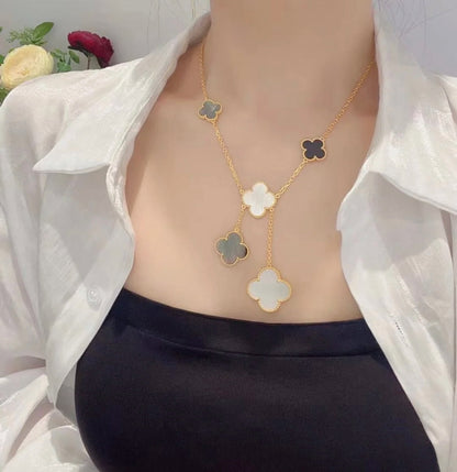 [Amore Jewelry]CLOVER 6 MOTIF MOP ONYX GOLD NECKLACE
