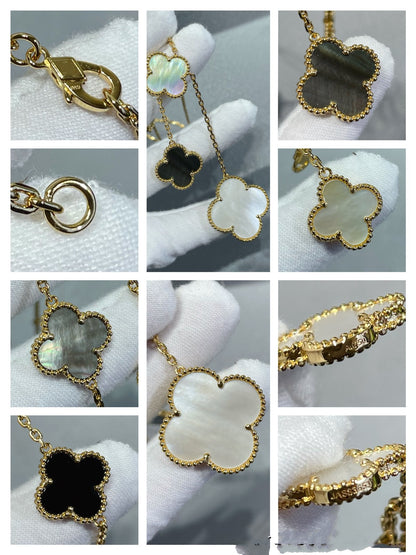 [Amore Jewelry]CLOVER 6 MOTIF MOP ONYX GOLD NECKLACE