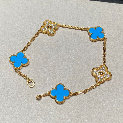 [Amore Jewelry]CLOVER 5 MOTIF BLUE CHALCEDONY DIAMOND GOLD BRACELET