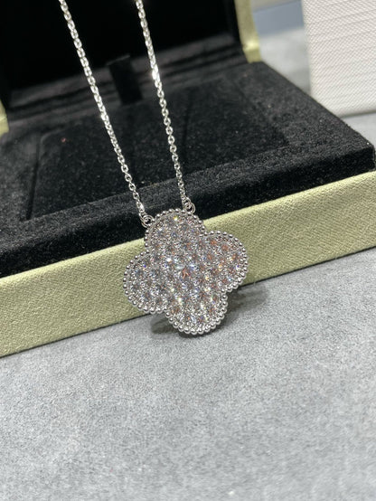 [Amore Jewelry]CLOVER 25MM LARGE PENDANT DIAMOND PAVED SILVER NECKLACE