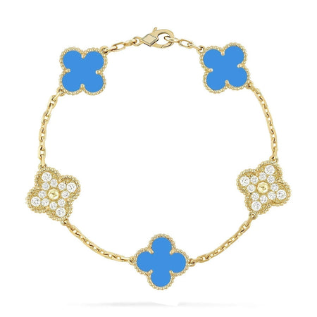 [Amore Jewelry]CLOVER 5 MOTIF BLUE CHALCEDONY DIAMOND GOLD BRACELET