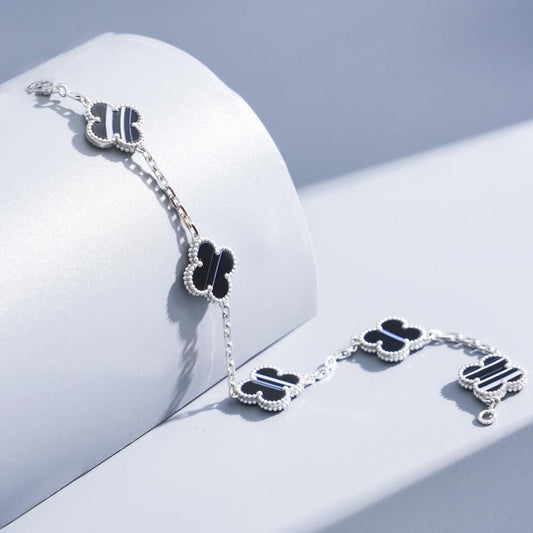 [Amore Jewelry]CLOVER 5 MOTIF VEINED ONYX BRACELET SILVER