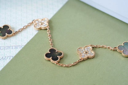 [Amore Jewelry]CLOVER 5 MOTIFS DARK MOP AND DIAMONDS PINK GOLD BRACELET